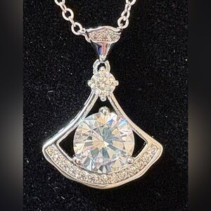Show Stopper CZ Platinum Plated Triangle Trillium Fan Bezel Pendant Necklace 16”